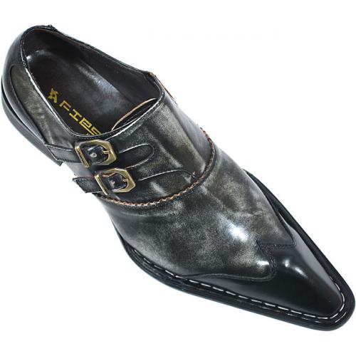 Fiesso Black Grey With Double Strap Buckle Genuine Leather Shoes FI6534/42